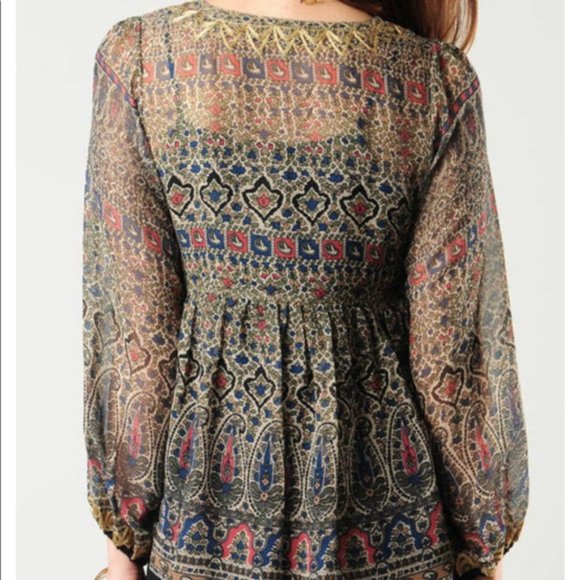 JOIE Janette gold embroidered silk chiffon long sleeve top - Picture 3 of 11